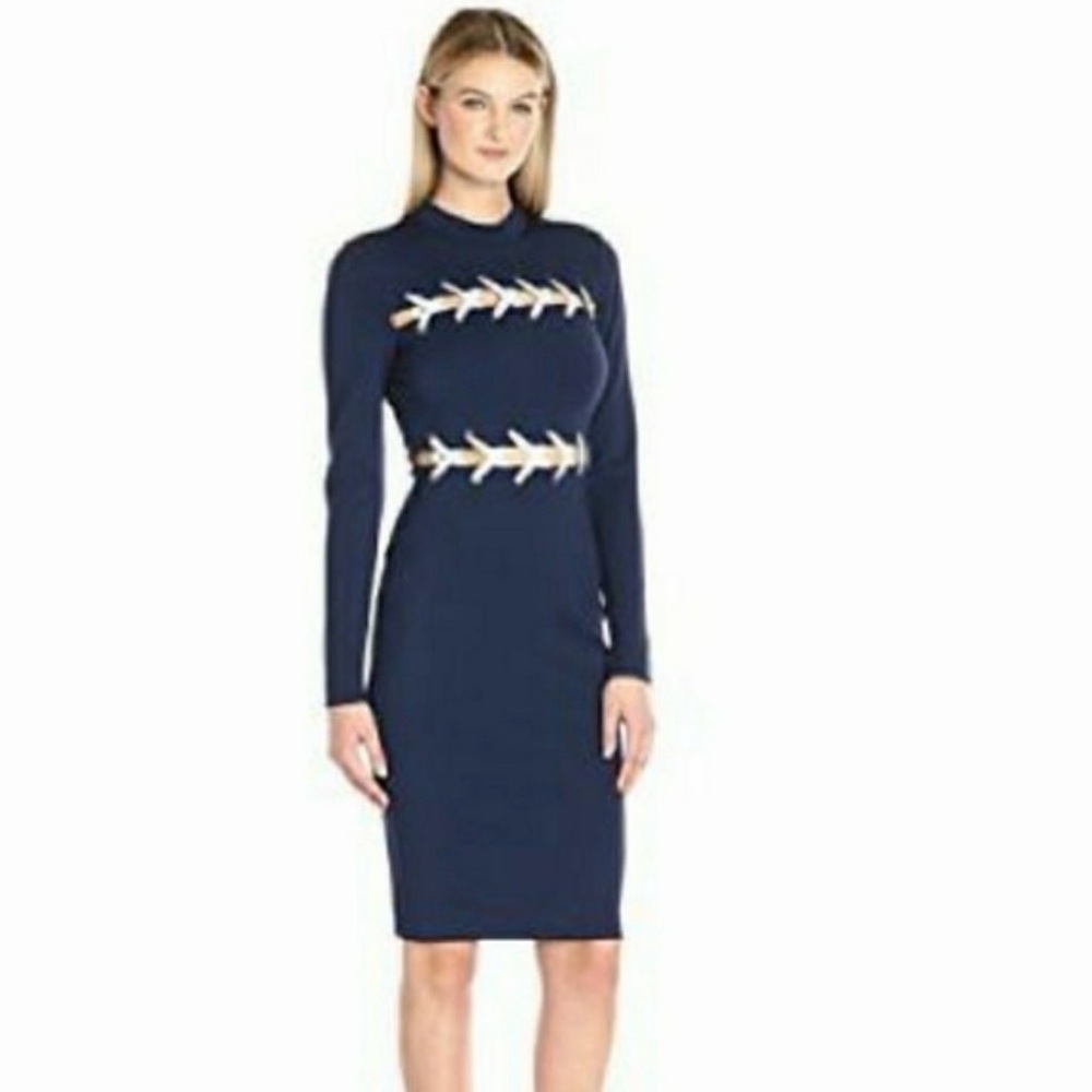 Long Sleeve Navy Blue And White Dress